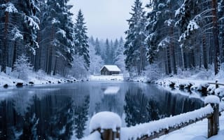 Картинка зима, снег, зимний лес, холодные цвета, ИИ, отражение, лес, мороз, умиротворение, озеро, цифровая живопись, забор, природа, деревья в снегу, уединение, пейзаж, деревянный дом, изгородь, зимняя сказка, ели, сказка, 16:9, 1920х1080, иллюстрация, атмосфера, рабочий стол, арт, синие тона, эстетика, уют, спокойствие, заставка, дом, 2k, вода, нейросеть, сосны, зеркальная вода, HD, сугробы, 4k, хижина, зимний пейзаж, река, домик