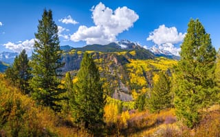 Картинка США, природа, облака, небо, пейзажи, горы, деревья, осень