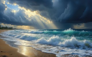 Картинка море, океан, облака, рабочий стол, прозрачная вода, солнечные лучи, свет, побережье, драма, пляж, ИИ, HD, 1920х1080, дождь вдали, грозовые тучи, пейзаж, большие волны, стихия, морская пена, 4k, бирюзовая вода, буря, реализм, накат, 2k, просвети, шторм, тучи, нейросеть, волны, природа, небо, штормовое небо, 16:9, песчаный берег, золотой час, прибой, песок, солнце, заставка