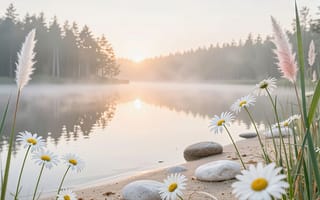 Картинка пейзаж, озеро, утренний пейзаж, 4k, хвойный лес, рассвет, пушистые колоски, тишина, зелень, сосны, тайга, нежность, 2k, вода, зеркальная гладь, водоем, природа, пастельные тона, светлый, умиротворение, утреннее солнце, рабочий стол, песчаный берег, солнце, естественность, галька, дымка, восход солнца, ИИ, ромашки, пампасная трава, река, заставка, спокойствие, камни, 16:9, утро, отражение, HD, эстетика, трава, ели, песок, камыш, 1920х1080, туман, лучи солнца, пруд, берег, белые ромашки, 