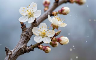 Картинка цветы, белые цветы, частицы, реализм, заставка, свежесть, цветение, 4k, весеннее цветение, размытый, нежность, ИИ, блики, свет, пробуждение природы, эстетика, яблоня, природа, 2k, серо-голубой, лепестки, ветка, 16:9, нейросеть, сакура, весна, слива