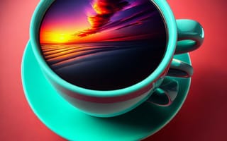Картинка чашка, кофе, цвет, яркий, утро, рассвет, рендеринг, ai сгенерирован, облака, небо, бесплатные, солнце, свет, отражение