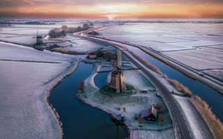 Картинка Нидерланды, канал, зима, ватер-мельница, бесплатные, снег, закат, река, пейзажи