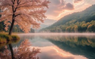 Картинка пейзаж, природа, розовая крона, нежные листья, картина, азиатский стиль, прозрачная вода, 2k, вишня, трава, умиротворение, рабочий стол, тишина, отражение деревьев, кочка, чистая вода, арт, медитация, дерево, 1920х1080, ИИ, лесистые склоны, сакура, дальние горы, осока, горы, река, зеркальная вода, цветущее дерево, рассветный свет, дымка, закат, 16:9, озеро, 4k, розовое дерево, пруд, безмятежность, покой, нейросеть, розовые облака, холмы, акварельный стиль, золотой час, красивый вид, штиль, 