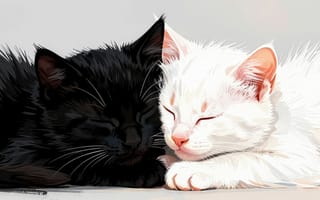Картинка кот, кошка, любовь, 1920х1080, черный кот, нейросеть, уют, спят, котята, мордочки, питомцы, милые, сон, заставка, контраст, арт, векторный стиль, иллюстрация, лапки, белый кот, рабочий стол, Инь-Ян, усы, вместе, домашние животные, 4k, крупный план, цифровая живопись, пушистые, черный котенок, 16:9, эстетика, ИИ, рисунок, 2k, дружба, белый котенок, HD