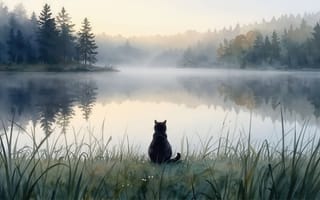 Картинка кот, кошка, вода, дымка, заставка, пейзаж, 16:9, 1920х1080, ИИ, трава, ели, нейросеть, камыш, черный кот, рабочий стол, река, рисунок, цифровая живопись, туман, природа, лес, деревья, умиротворение, спокойствие, иллюстрация, 2k, HD, эстетика, берег, арт, утро, рассвет, акварель, безмятежность, 4k, силуэт, озеро