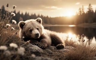 Картинка медвежонок, медведь, закат, милый, животные, рабочий стол, бурый медведь, озеро, камни, вода, 16:9, река, уют, цветы, пушистый, лес, отражение, 4k, нейросеть, вечер, детеныш, солнце, 2k, атмосфера, трава, рассвет, 1920х1080, дикая природа, заставка, коричневые тона, берег, HD, ИИ, деревья, лучи солнца, солнечный свет, сепия