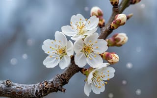 Картинка цветы, белые цветы, лепестки, детализация, пейзаж, нейросеть, ветка дерева, 2k, кора дерева, весна, 1920х1080, серо голубой цвет, яблоня, крупный план, ИИ, ветка, свежесть, HD, весеннее цветение, текстура коры, желтые тычинки, нежность, светлый, слива