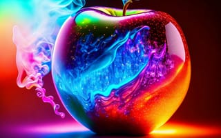 Картинка яблоко, стекло, рендеринг, тень, пар, цвет, дым, отражение, краски, свет