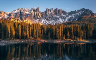 Картинка Италия, природа, пейзажи, South Tyrol, деревья, лес, Karersee, Lake Carezza, отражение, доломитовые альпы, небо, горы, снег