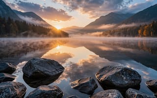 Картинка пейзаж, горный пейзаж, холмы, осень, зеркальная гладь, рисунок, туман, осенние деревья, горы, HD, хвойный лес, отражение, рабочий стол, заставка, спокойствие, картина, безмятежность, передний план, симметрия, берег, умиротворение, горное озеро, 4k, реализм, утреннее солнце, рассвет, ИИ, лесное озеро, золотой час, арт, 1920х1080, камни, эстетика, дымка, цифровая графика, дикая природа, искусство, восход, солнечные лучи, деревья, атмосфера, 2k, нейросеть, озеро, утренний туман, прозрачная вода, 