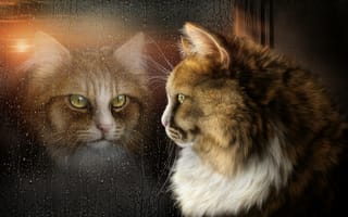 Обои кот, отражение, стекло, окно