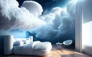 Картинка комната, день, 3д графика, свет, облака, кровать, цвет, белый, синий, сон, небо, спальня