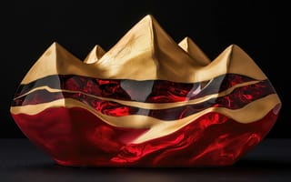 Картинка скульптура, статуэтка, 3D рендеринг, премиум, абстракция, арт, сусальное золото, 16:9, нейросеть, концепт арт, эстетика, HD, контраст, геометрия, студийный свет, рельеф, роскошь, минимализм, отражения, блики, визуализация, 4k, иллюстрация, искусство, ИИ, жидкое стекло, горы, темный, матовое золото, сувенир, 1920х1080, полупрозрачный полимер, золото, золотые жилы, абстрактный арт, рабочий стол, пики, вершины, красный цвет, скалы, горный хребет, слои, смола, арт объект, рубиновый цвет, 