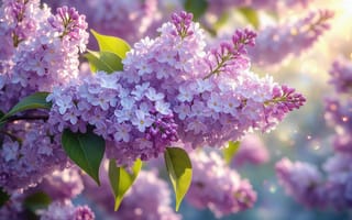 Картинка сирень, цветущая сирень, нежные цвета, солнечные лучи, цветение, ветка сирени, ботаника, солнце, 1920х1080, красивый, свежесть, ИИ, размытый, солнечный свет, листья, флора, 16:9, фиолетовые цветы, крупный план, эстетика, природа, умиротворение, романтика