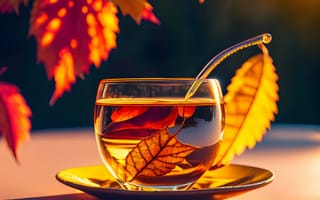 Картинка чай, кружка, бокэ, листья, закат, еда, осень, стекло, вечер, солнце, напиток настроение