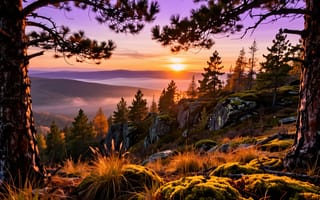 Картинка пейзаж, горный пейзаж, цифровая графика, дикая природа, утреннее солнце, искусство, арт, дымка, тайга, восход, туман, скалы, заставка, деревья, сиреневое небо, ели, солнечные лучи, нейросеть, облака, реализм, 4k, горы, мох, 2k, туманная долина, иллюстрация, ветки, сухая трава, хвойный лес, рассвет, сосны, стволы деревьев, эстетика, холмы, 1920х1080, ИИ, HD, рабочий стол, рисунок, замшелые камни, 16:9, валуны, золотой час, картина, закат, солнце