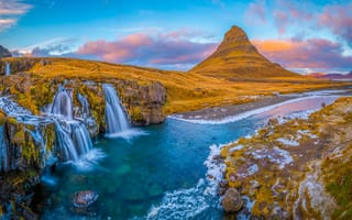 Картинка водопад, Исландия, Киркьюфетль, небо, река, природа, рок, холм, облака