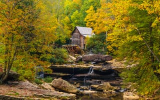 Картинка осень, водопад, речка, мельница