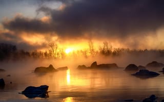 Картинка утро, природа, река, свет, золото, мороз, воздух, туман, зима, пейзажи, дым, цвет