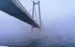 Картинка мост, морозное, холод, зима, река, природа, вода, туманное, утро