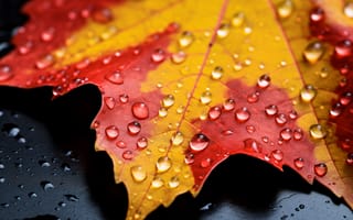 Картинка макро, клен, листва, осень, капель, на открытом воздухе, природа, дождь, крупным планом, красный, падение, желтый, лист