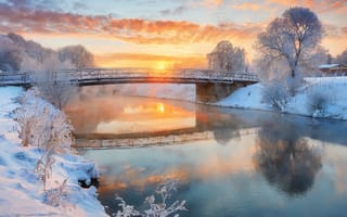 Картинка рассвет, река, небо, мороз, мост, зима, солнце, пейзажи