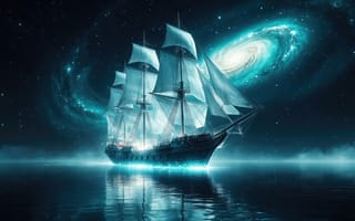 Картинка корабль, парусник, эстетика, звездное небо, мистика, иллюстрация, мачты, драма, рисунок, звезды, вселенная, темно синий, галактика, зеркальная гладь, 16:9, 1920х1080, 4k, Млечный путь, ИИ, реализм, корабль призрак, трехмачтовый корабль, спиральная галактика, дымка, отражение звезд, туманность, волшебство, неоновый след, вода, такелаж, рабочий стол, бирюзовый цвет, HD, заставка, летучий голландец, космос, море, нейросеть, контраст, океан, светящиеся паруса, белые паруса, сказка, туман, 