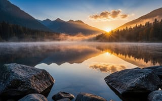 Картинка пейзаж, горный пейзаж, спокойствие, горы, крупные камни, умиротворение, сосны, Канада, ели, ИИ, Альпы, туризм, 4k, золотой свет, скалы, восходящее солнце, хвойный лес, рассвет, утренний туман, красивый вид, штиль, туман, рабочий стол, 2k, силуэты деревьев, реализм, HD, горный хребет, дымка, идеальное отражение, валуны, 1920х1080, путешествия, зеркальная гладь, 16:9, камни на берегу, прозрачная вода, горное озеро, синее небо, золотые облака, нейросеть, тайга, гармония, раннее утро, солнечные