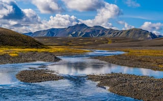 Картинка Исландия, природа, горы, пейзажи, пустынный пейзаж, небо, облака, река