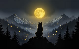 Картинка волк, силуэт волка, хищник, ущелье, мерцающие огоньки, силуэты деревьев, заснеженные горы, туман, иллюстрация, туманная долина, хвойный лес, ночь, тайга, 16:9, ночной пейзаж, скалистые горы, сосны, светлячки, темно-серый, 2k, лунный диск, вершина, величие, холм, мистика, полная луна, нейросеть, дымка, золотая луна, векторный стиль, золотые частицы, одиночество, ИИ, цифровой арт, дикий зверь, 4k, полнолуние, свет луны, рабочий стол, хребет, желтый свет, 1920х1080, HD, контраст цветов, ели, 
