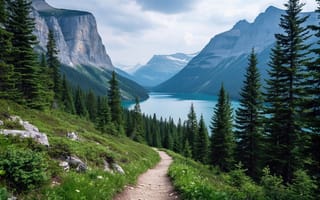 Картинка пейзаж, горный пейзаж, хайкинг, зеленые склоны, Альпы, ели, HD, 4k, каньон, Канада, туризм, дорожка, 2k, скалы, скалистые горы, нейросеть, умиротворение, величественные горы, канедиан рокис, лазурное озеро, рабочий стол, ИИ, хвойный лес, утесы, тропа, тайга, изумрудная вода, путешествия, бирюзовая вода, эстетика, 16:9, ущелье, красивый вид, дикая природа, приключения, сосны, свежесть, 1920х1080, горное озеро, долина, реализм, национальный парк, пеший туризм