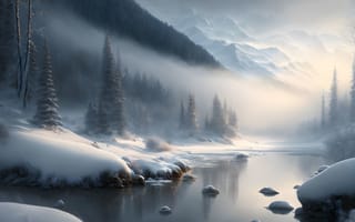 Картинка река, зима, небо, горы, день, лес, мороз, вода, пейзажи