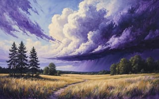 Картинка пейзаж, природа, деревья, 1920х1080, облака, HD, предгрозовое состояние, картина, гроза, трава, иллюстрация, золотое поле, пшеничное поле, художественный стиль, рабочий стол, ели, арт, нейросеть, 2k, поле, масляная живопись, ливень, фиолетовое небо, дорога, сосны, драматичная атмосфера, 4k, буря, перелесок, шторм, ИИ, колосья, темные облака, ветер, 16:9, грозовые тучи, текстурные мазки, тропинка, дождь