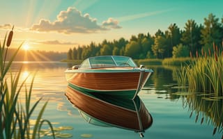 Картинка лодка, катер, концептарт, зеркальное отражение, моторная лодка, винтаж, природа, солнце, нейросеть, лес, иллюстрация, пейзаж, умиротворение, лето, кувшинки, закат, 16:9, рассвет, рабочий стол, уют, деревянная лодка, солнечные лучи, 2k, ИИ, река, вода, HD, 4k, деревья, цифровойрисунок, 1920х1080, берег, озеро, камыш, рогоз