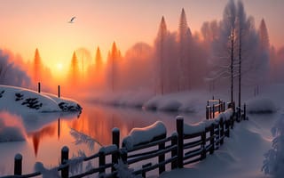 Картинка река, зима, рассвет, мороз, вода, прогулка, настроение, лес, снег, небо, забор, природа
