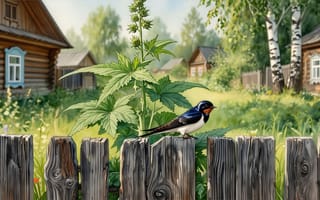Картинка ласточка, птица, HD, зелень, деревянный забор, нейросеть, 4k, ИИ, ностальгия, лето, трава, рабочий стол, 2k, 1920х1080, иллюстрация, малина, уют, березы, избы, цифровойрисунок, атмосфера, природа, штакетник, солнечный день, кантри стиль, листья, 16:9, деревянные дома, русская деревня, концептарт, пейзаж, крапива, деревня, забор