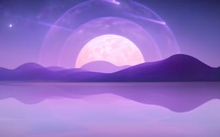 Картинка горы, озеро, небо, космическое искусство, полная луна, плавные градиенты, минимализм, ночное время, звезды на небе, концепт-арт, фиолетовый пейзаж