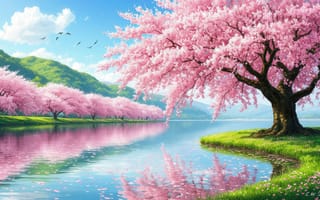 Картинка сакура, цветущее дерево, умиротворение, аллея сакуры, природа, холмы, солнечный день, сочная трава, берег, атмосфера, весенний пейзаж, бирюзовая вода, ИИ, белые облака, рабочий стол, концептарт, прозрачная вода, 2k, розовая сакура, яркий свет, вишня, солнце, лужайка, 1920х1080, цветение, лепестки в воде, покой, цифровойрисунок, картина, зеленые горы, 4k, птицы, 16:9, озеро, уют, зеркальное отражение, весна, птицы в небе, HD, нейросеть, пруд, голубое небо, кучевые облака, река, иллюстрация