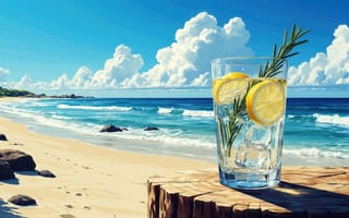 Картинка коктейль, лимонад, веточка розмарина, лед, розмарин, пенек, природа, дольки лимона, джин тоник, побережье, небо, пляж, прохладительный напиток, райское место, океан, следы на песке, пейзаж, бокал, прибой, пузырьки, лазурные волны, яркий свет, берег, лето, солнце, HD, рабочий стол, туризм, отпуск, свежесть, морская пена, кучевые облака, белые облака, лимон, иллюстрация, песок, 2k, бирюзовая вода, море, 16:9, путешествия, курорт, 4k, 1920х1080, песчаный пляж, кубики льда, ИИ, камни, концептарт, 