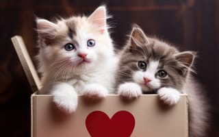 Картинка два котенка, кошка, любовь, котята, кошки, коробка