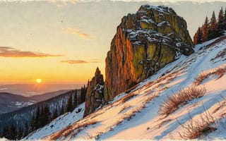 Картинка горы, скалы, зима, деревья, пик, вершина горы, солнце, кусты, склон, небо, иней, панорама, винтаж, сугробы, камни, природа, 1920х1080, HD, туризм, сосны, снег, нейросеть, валун, хвойный лес, текстура, ИИ, 4k, рамка, золотой час, рассвет, долина, холм, пейзаж, ретро, 2k, путешествия, облака, закат, лучи солнца, ели, рабочий стол, потертости, горизонт, вечер, утес, 16:9