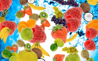 Картинка сокращений, малина, яблоко, клубника, ягоды, еда, виноград, фрукты, киви, лайм, кокос, апельсины, ананас, банан