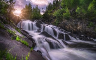 Картинка Норвегия, природа, водопад, камень, небо, лес, закат