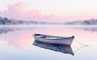 Картинка лодка, деревянная лодка, отражение в воде, пустая лодка, 16:9, лес на берегу, туман, розовые облака, тишина, пастельные тона, 2k, пейзаж, ИИ, картина, пруд, дымка, розовое небо, 1920х1080, утро, рабочий стол, нейросеть, утренний туман, река, арт, HD, озеро, нежные цвета, гладь воды, акварельный стиль, природа, деревья, минимализм, спокойствие, умиротворение, рассвет, гармония, зеркальная вода, 4k