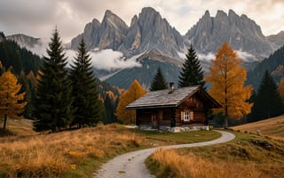 Картинка горы, скалы, тропа, извилистая дорога, облака, долина, желтые листья, доломитовые альпы, Альпы, туман, покой, природа, деревянный дом, хижина, 16:9, 1920х1080, хвойный лес, осенний лес, избушка, сухая трава, пейзаж, 4k, ИИ, трава, шале, атмосфера, рабочий стол, доломиты, деревья, заставка на ПК, острые пики, золотая осень, осень, HD, нейросеть, уединение, дымка, рендеринг, 2k, арт, путешествие, сосны, туризм, заснеженные вершины, горный пейзаж, ели