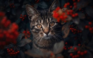 Картинка ИИ, нейросеть, пушистый, HD, фоновый рисунок, макро, листья, кошка, кот, котенок, красные ягоды, 1920х1080, 2k, 16:9, зима, взгляд, текстура шерсти, заставка на ПК, падуб, янтарные глаза, полосатый кот, животные, охота, милые животные, глаза