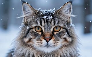 Картинка кот, кошка, норвежский лесной кот, мороз, 4k, усы, 2k, домашний питомец, морда крупным планом, рабочий стол, 16:9, снег, снежинки, янтарные глаза, фоновый рисунок, арт, макро, реализм, шерсть, ИИ, зима, рендеринг, милый кот, пушистый кот, полосатый кот, 1920х1080, Мейн Кун, зимний лес, дикая природа, снегопад, животные, заставка на ПК, размытый, HD, нейросеть, кошачий взгляд, сибирский кот