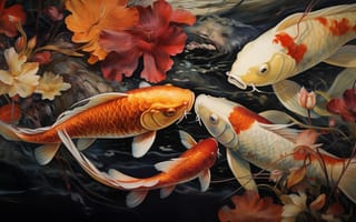 Картинка озеро, рыба, подводный мир, японский кои, цветы, искусство