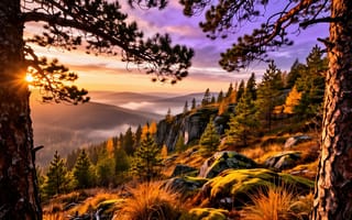 Картинка рассвет, закат, ИИ, пейзаж, солнечные лучи, рабочий стол, тайга, туризм, 1920х1080, 4k, горы, рендеринг, заставка на ПК, солнце, хвойный лес, скалы, холмы, долина, сосны, туман, фоновый рисунок, дикая природа, мох, красивое небо, HD, золотая осень, арт, путешествия, нейросеть, фиолетовые облака, 2k, утренний свет, осень, природа, 16:9